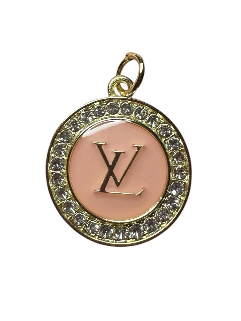 Louis Vuitton Round Light Pink and Gold Logo Zipper Pull Charm with Clear Stones